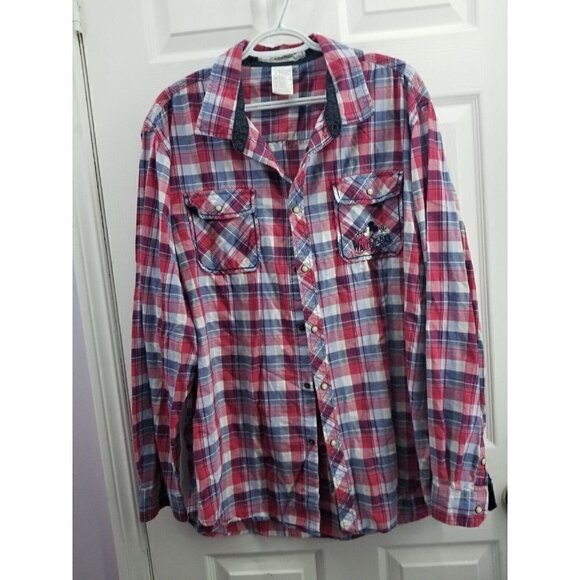 Walt Disney Parks Mickey Mouse Pearl Snap Red Plaid Western Shirt Mens Size XL - Picture 1 of 8